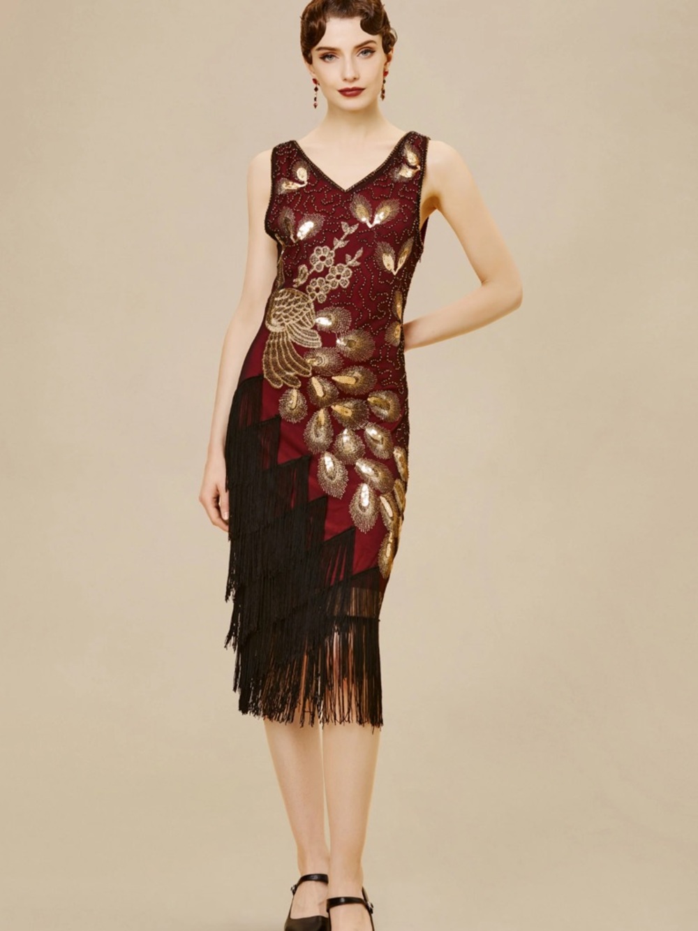 Babeyond Gatsby Style Embroidered Tassel Hem Flapper Beaded Sequins Size L